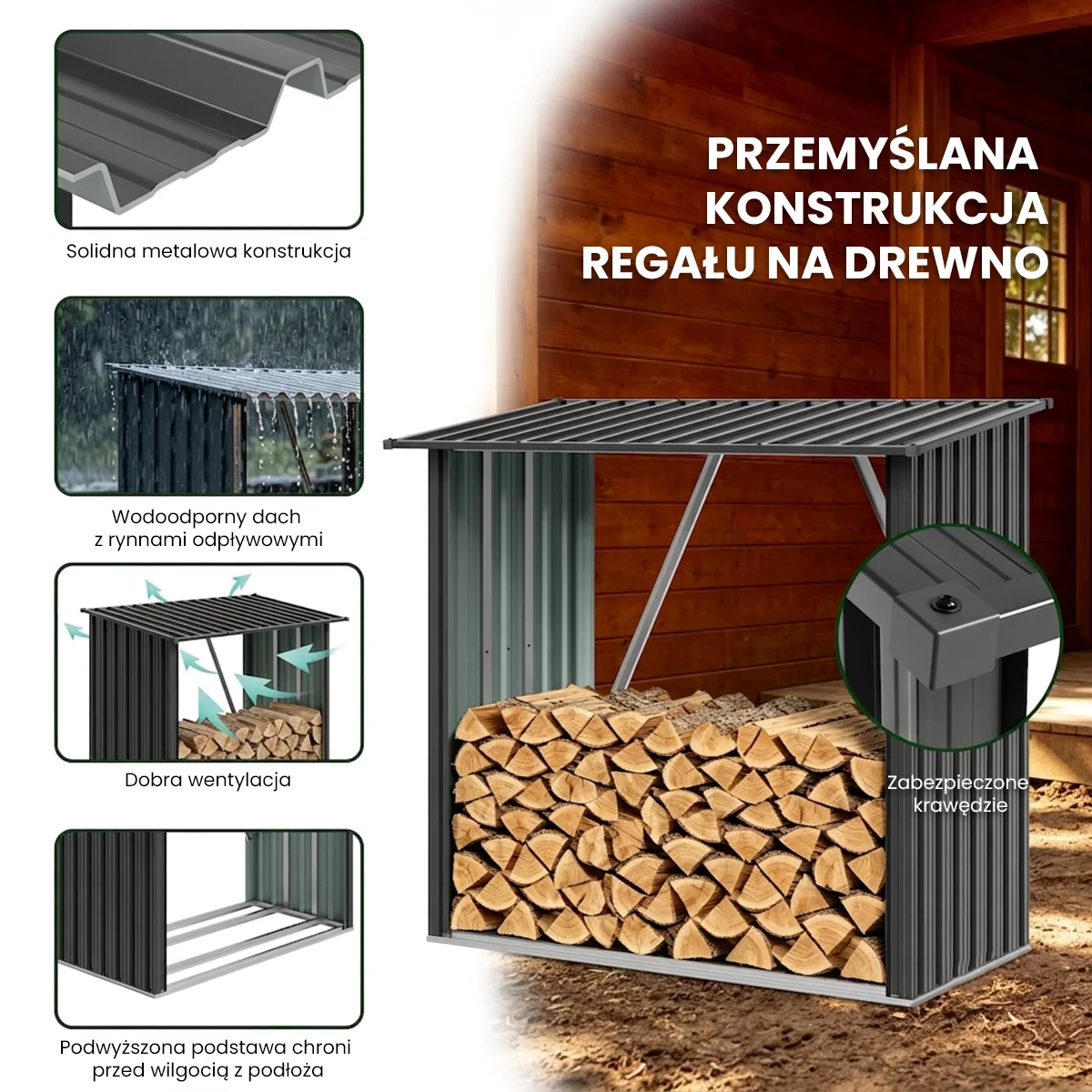 Metalowa wiata na drewno Premium 89 × 163 × 154 cm (1,5 m²)