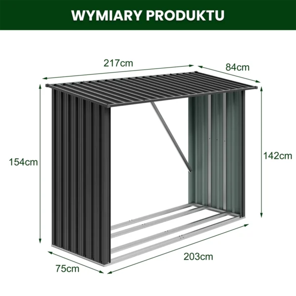 Metalowa wiata na drewno Premium 84 × 217 × 154 cm (1,9 m²)